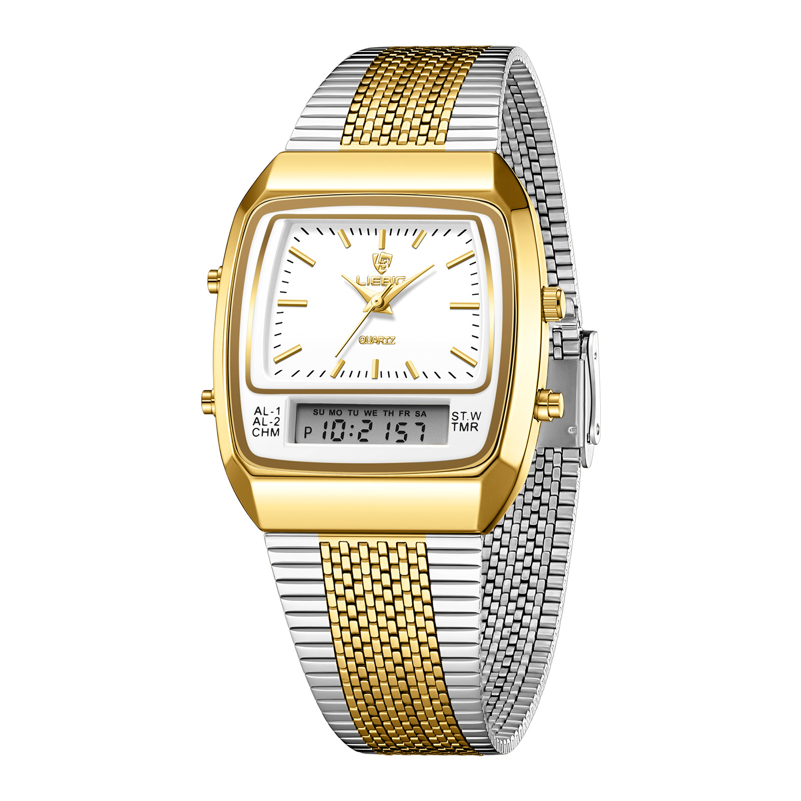 foreign trade watch wholesale liebig fashion men's solid steel strap watch double display double inserts quartz electronic watch full figure