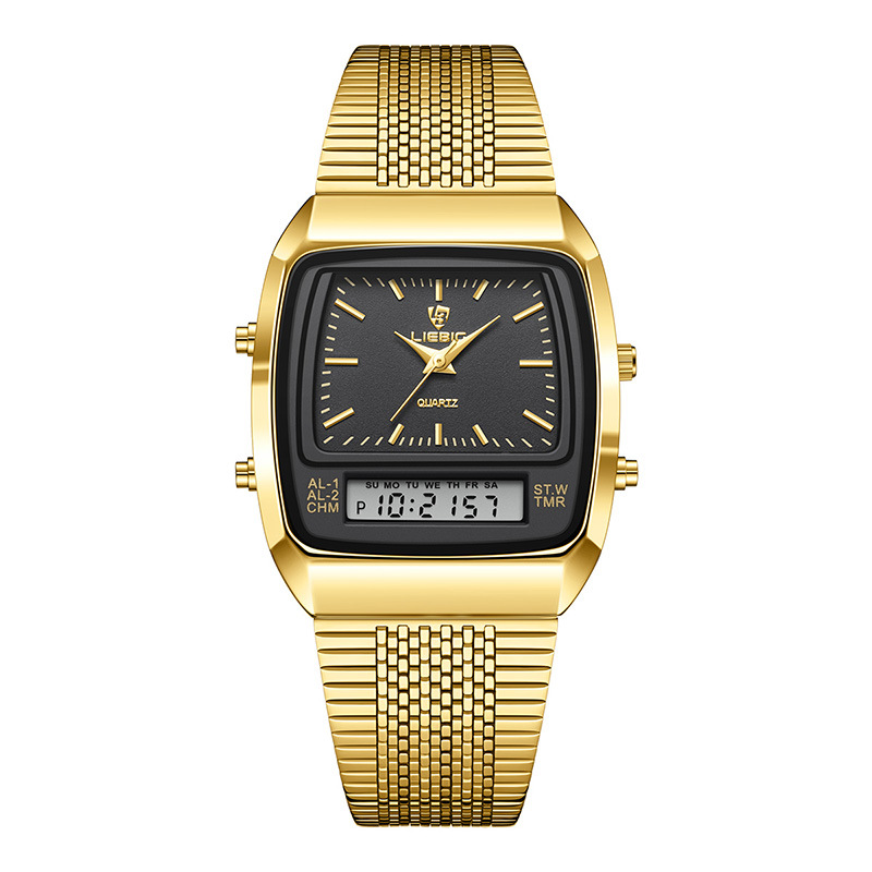 foreign trade watch wholesale liebig fashion men's solid steel strap watch double display double inserts quartz electronic watch details Picture