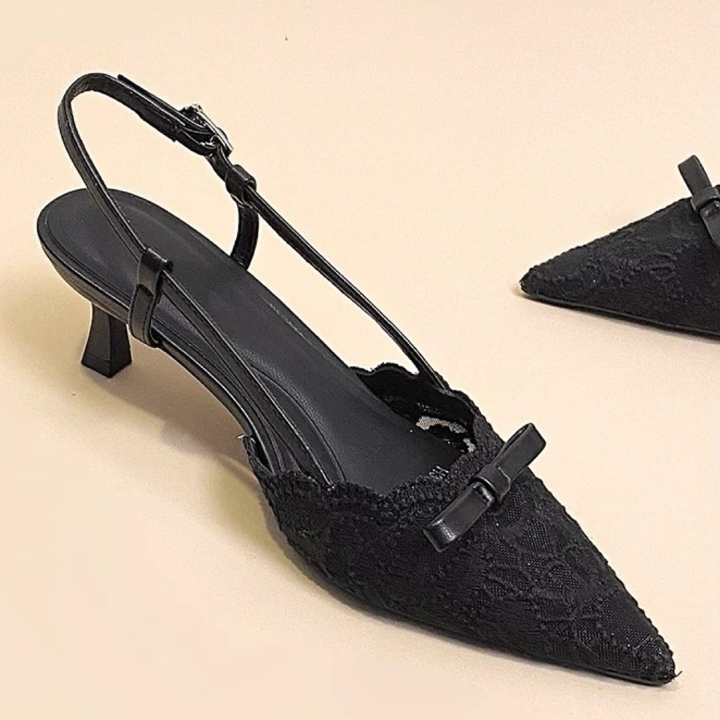 french style bow ~ lace breathable stiletto heel women's high heels 2025 amoi elegant back empty closed toe sandals Item Picture
