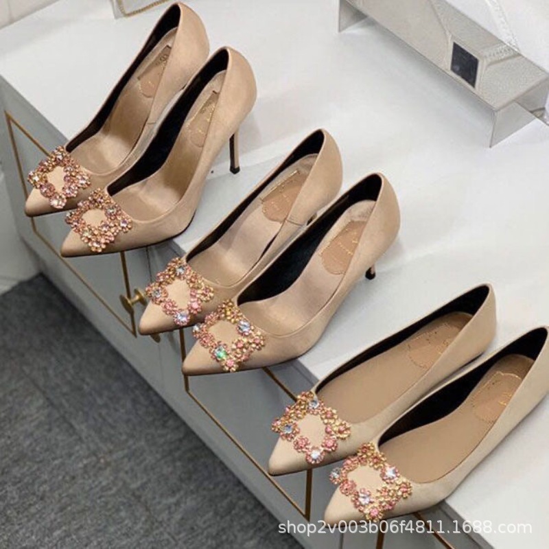 lin xinru style rv rhinestone square buckle high heels women's stiletto heel pointed flat pumps satin red wedding shoes shallow mouth undefined