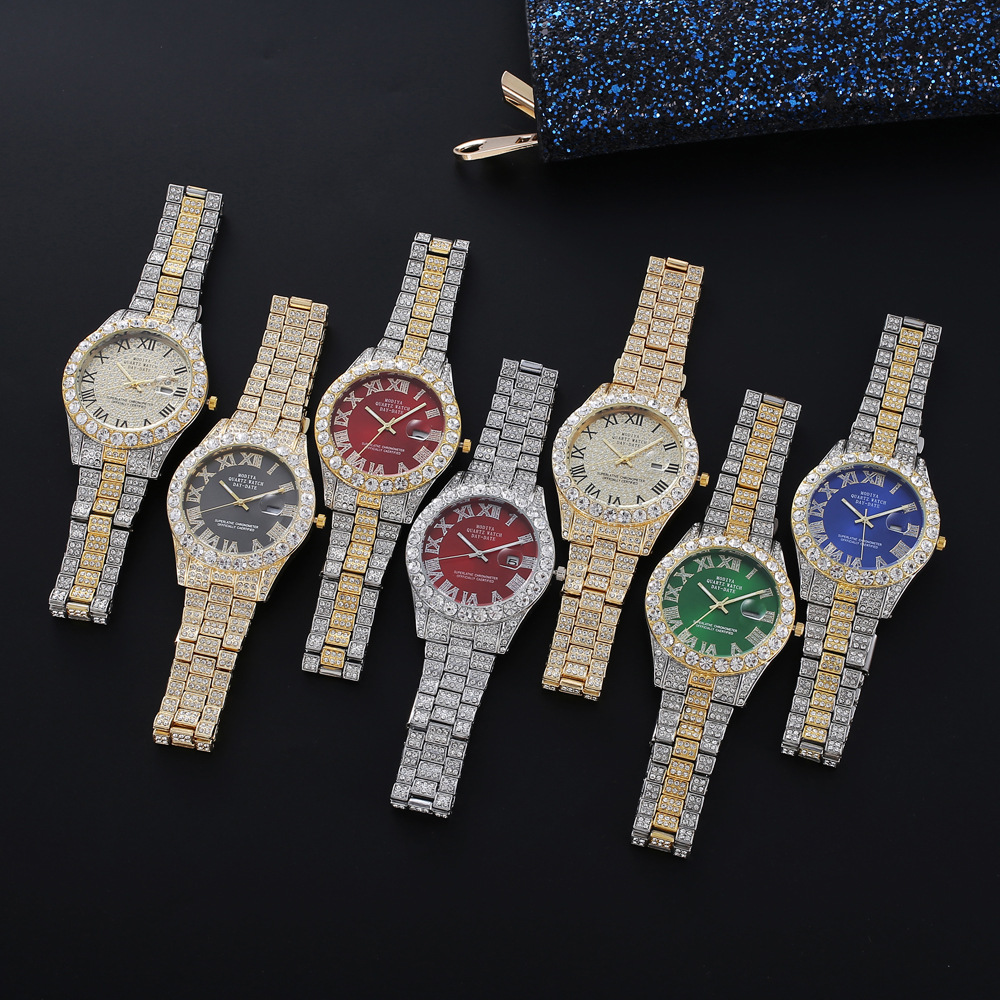 net red watch men's high-grade diamond cross-border steel belt fashion rhinestone calendar quartz watch starry men's watch details Picture