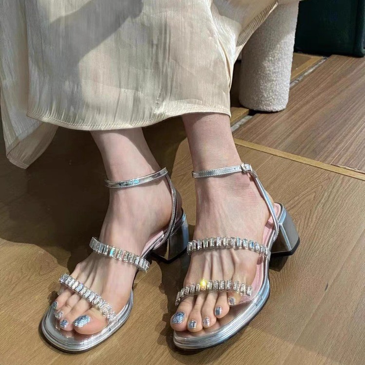 french style silver chunky heel sandals for women 2025 new summer beautiful fairy style strap fashion rhinestone high heel shoes details Picture