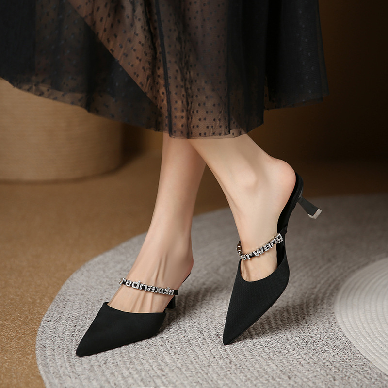 699-19 toe cap semi slipper women's sandals 2023 new dignified rhinestone outdoor high heels pointed toe stiletto heel shoes Specification drawing