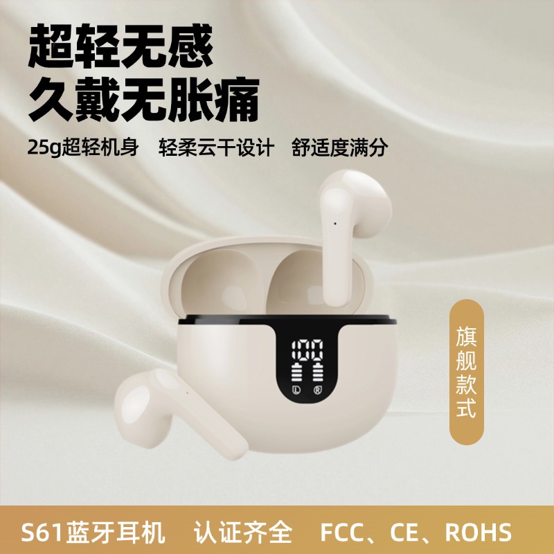 factory source tws private model s61 bluetooth 5.3 headset call noise reduction hd digital display wireless sports headset cross details Picture