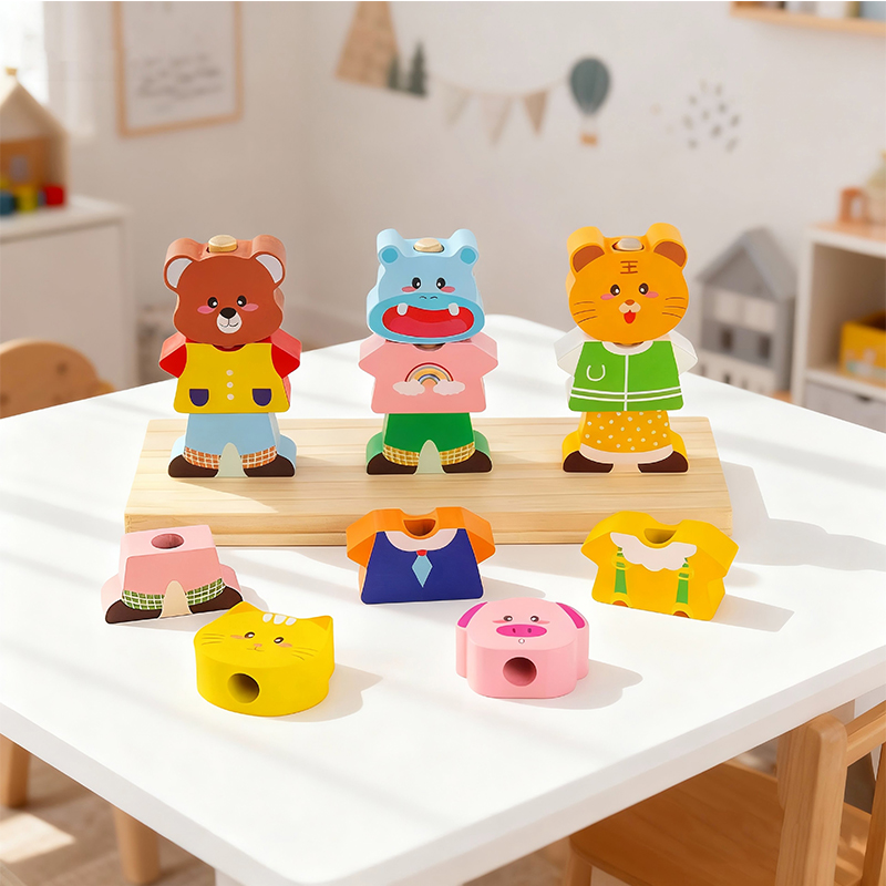 Montessori early education children's intelligence building block toys parent-child interaction exercise fine motor skills early education wooden bear animal costume matching set column details Picture
