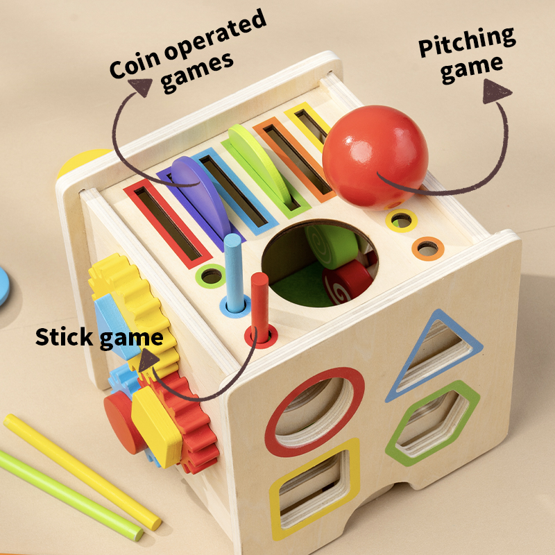 CPC EN71 Baby Early Childhood Education Intelligence 1-2 years Old Montessori Early Education Shape Matching Toy Fun Wooden Teaching Aid 8-in-one Early Education Intelligence Box Gear Coin Coin Color Wooden Stick Matching Positioning Game Specification drawing
