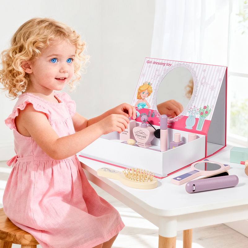 Wooden simulation dressing box, role-playing girl, makeup toy, mirror set, comb hair dryer combination, birthday gift details Picture