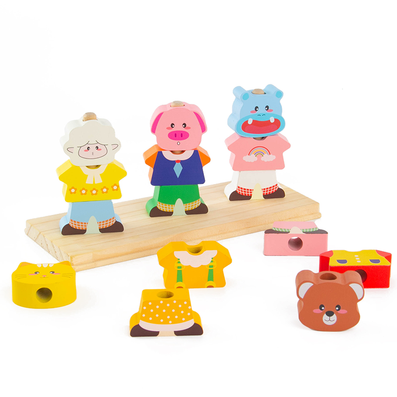 Montessori early education children's intelligence building block toys parent-child interaction exercise fine motor skills early education wooden bear animal costume matching set column Item Picture