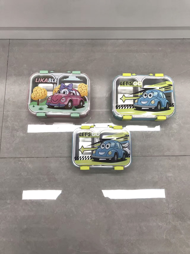 卡通汽车儿童餐盒 304 不锈钢分隔饭盒 便携可爱男女童学生便当盒详情5