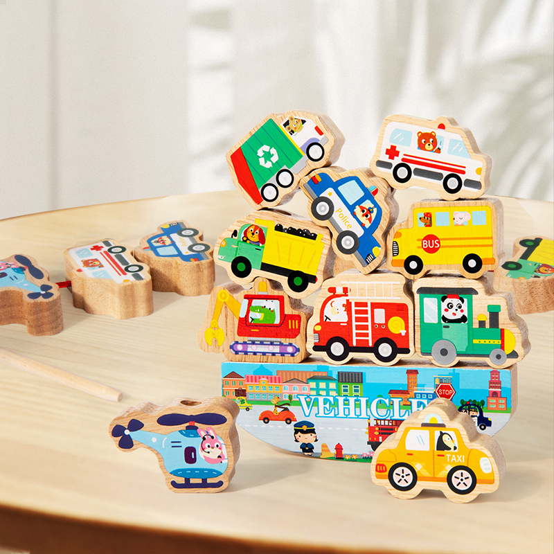 CPC CE offers five selectable children's wooden educational beaded large particle building block toys, including animal, fruit, traffic, Marine animal, string and beaded educational stacking toys full figure