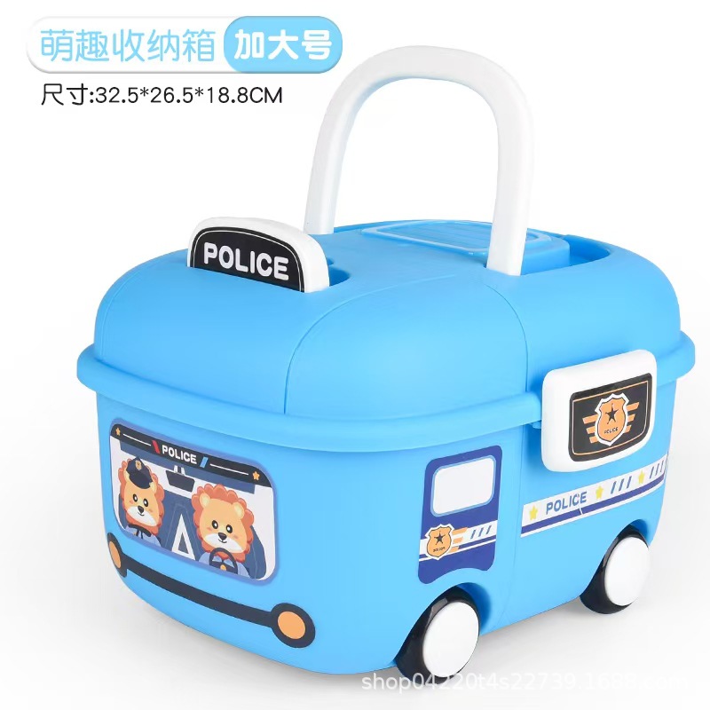 卡通交通工具造型收纳盒 儿童玩具整理箱 便携手提警车消防车储物盒详情3