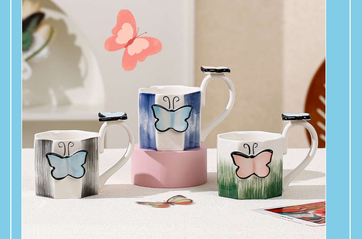 精美陶瓷手工绘画的蝴蝶结陶瓷杯产品图