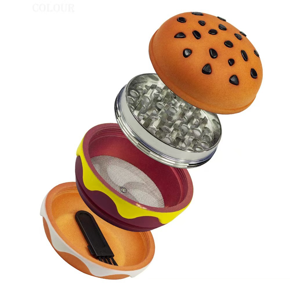 跨境新品70mm创意汉堡磨烟器锌齿四层金属烟草研磨器Grinder