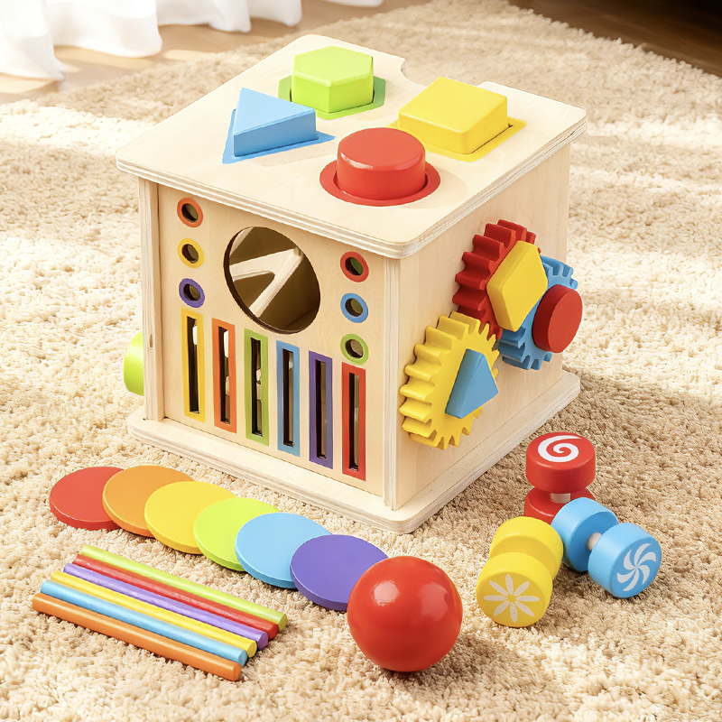 CPC EN71 Baby Early Childhood Education Intelligence 1-2 years Old Montessori Early Education Shape Matching Toy Fun Wooden Teaching Aid 8-in-one Early Education Intelligence Box Gear Coin Coin Color Wooden Stick Matching Positioning Game full figure