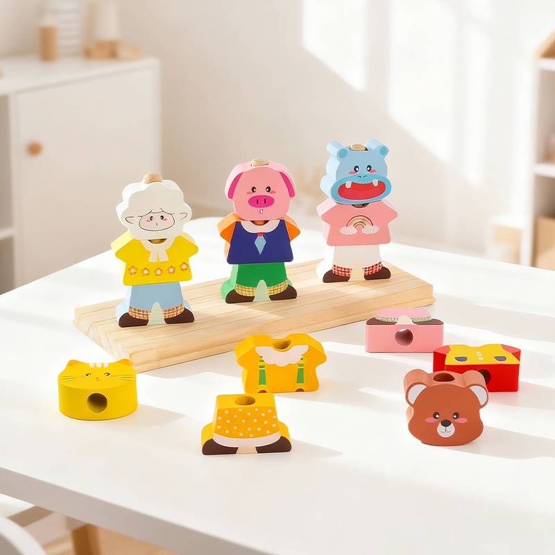 Montessori early education children's intelligence building block toys parent-child interaction exercise fine motor skills early education wooden bear animal costume matching set column Specification drawing