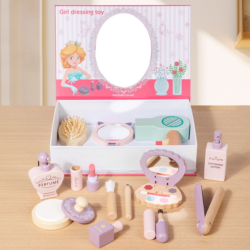 Wooden simulation dressing box, role-playing girl, makeup toy, mirror set, comb hair dryer combination, birthday gift Application Scenario