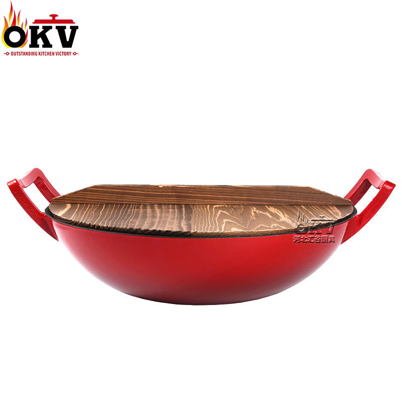 enamel enamel 36cm wok double-ear cast iron thickened one pot universal with wooden lid cast iron wok pan full figure