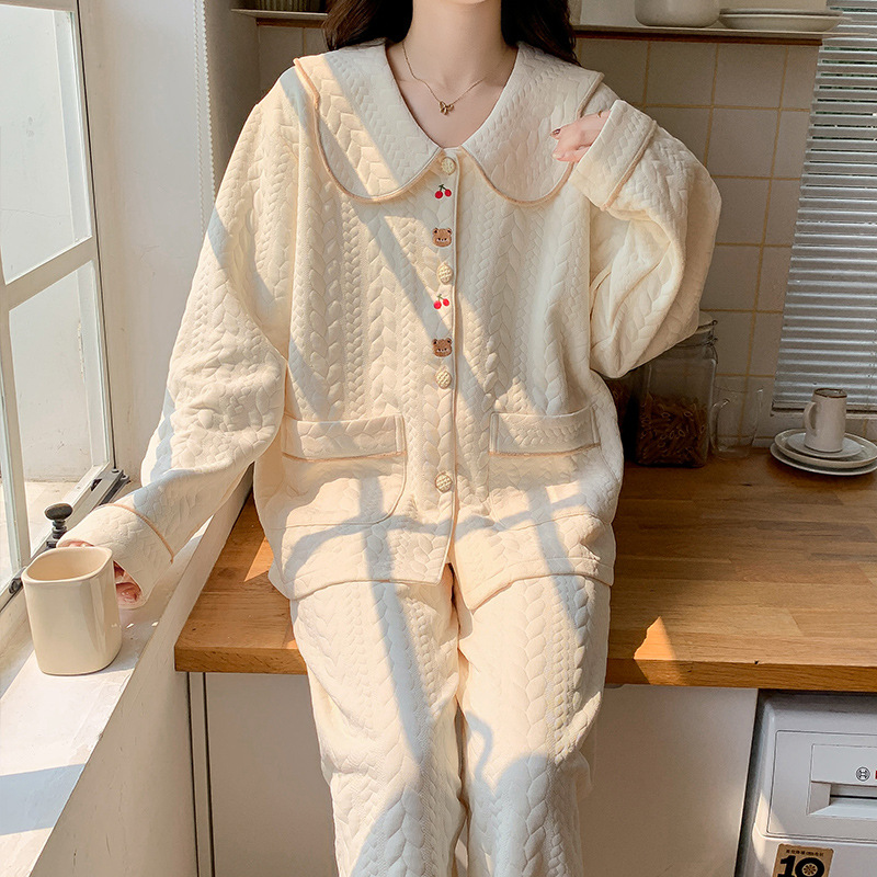 pajamas women's autumn and winter air cotton interlayer spring and autumn new long-sleeved thickened women's cute home wear suit details Picture