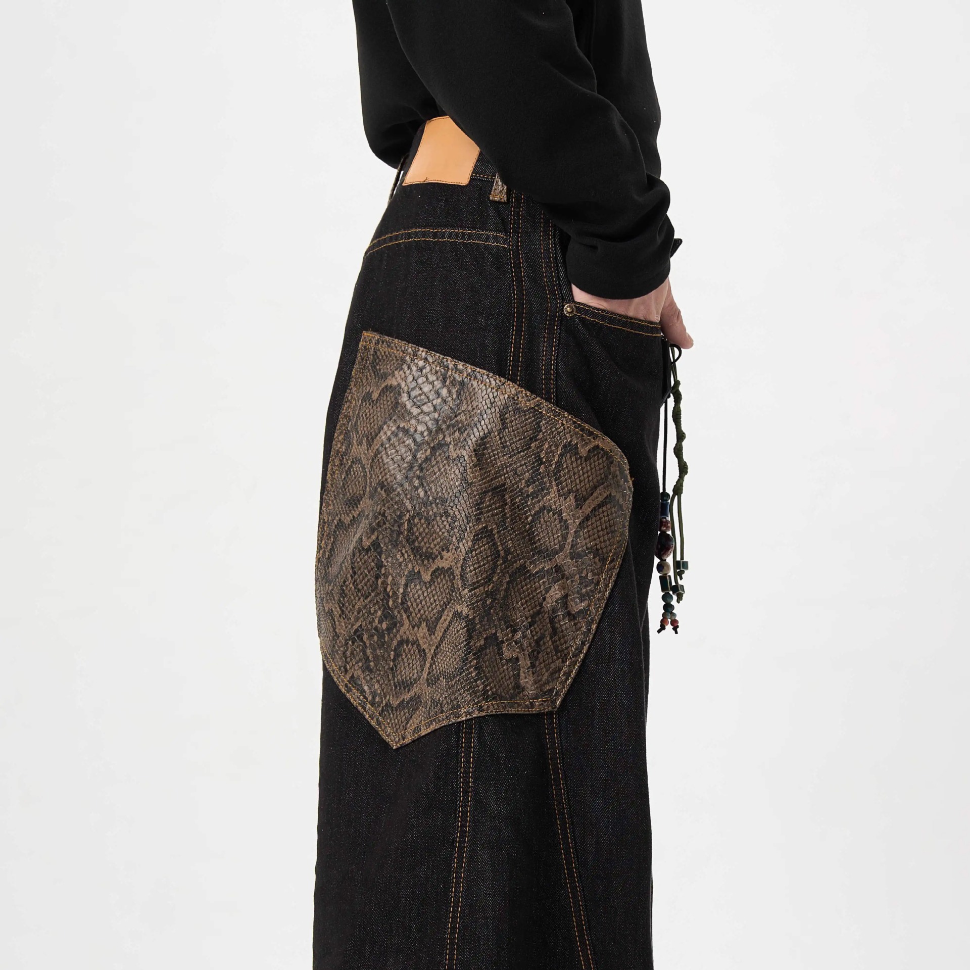 american retro plaid stitching machete jeans men's spring and autumn new personality street vibe wide-legged versatile trousers Item Picture