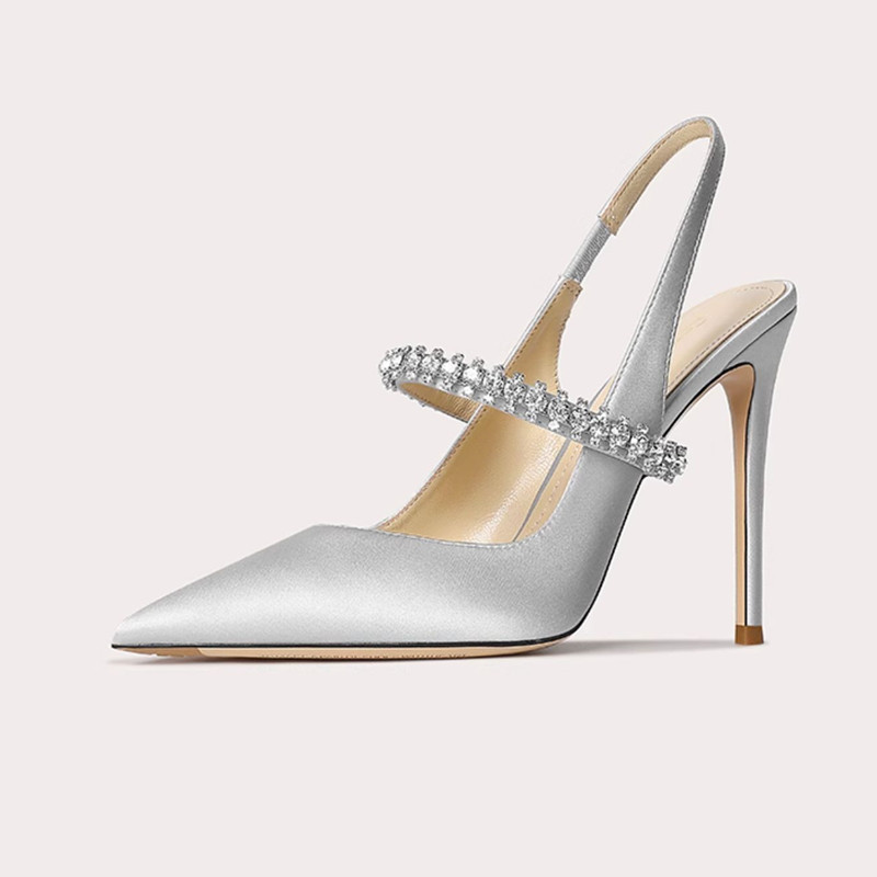 32-size 45 one-word strap closed toe sandals women's rhinestone 2024 new stiletto heel pointed-toe authentic leather high heels women's shoes Specification drawing