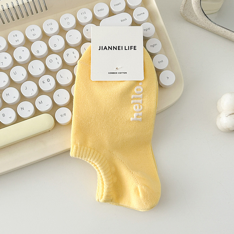 socks women's summer hello short preppy style women's boat socks candy color invisible hot stamping letters women's socks cotton socks details Picture