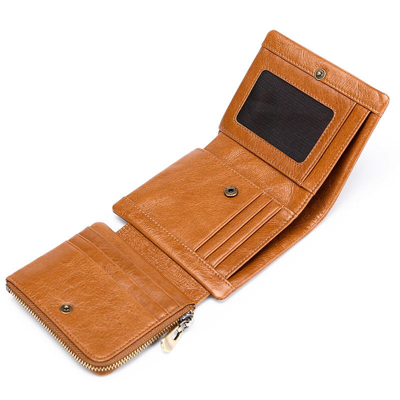 three fold genuine leather retro wallet short rfid anti-theft money brush set multiple card slots oil wax cowhide wallet men Specification drawing