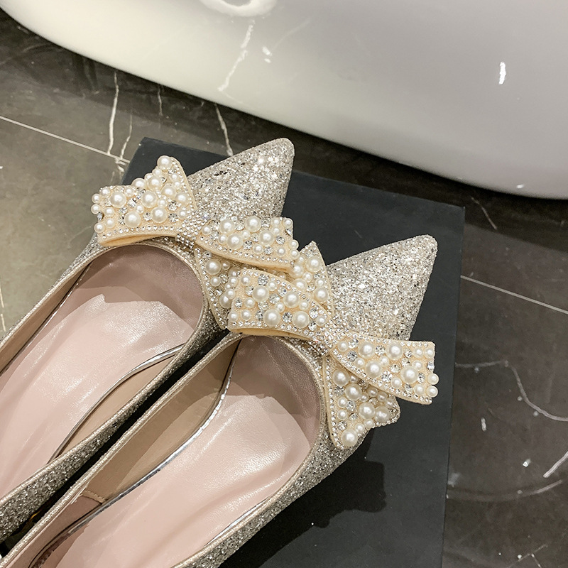 two-way pregnant women crystal shoes flat feet wedding shoes bridal heel main wedding dress not tired chunky heel high heels women details Picture