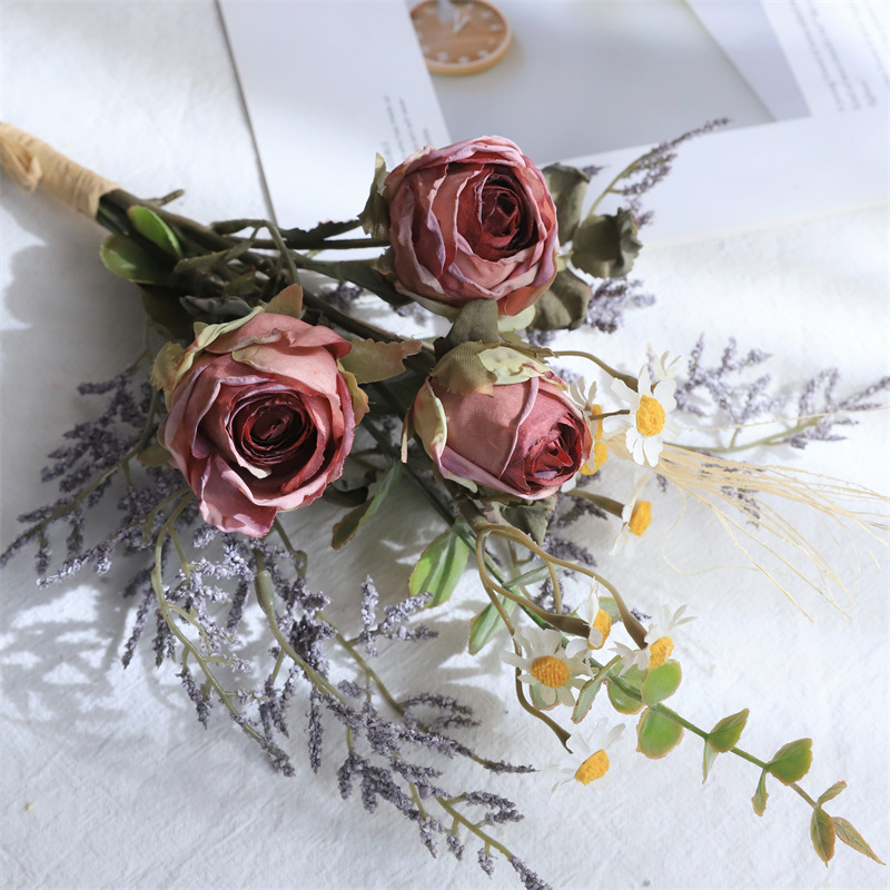 high-grade realistic retro burnt edge rose daisy fake/artificial flower bouquet dried flower home table decoration ornaments Item Picture