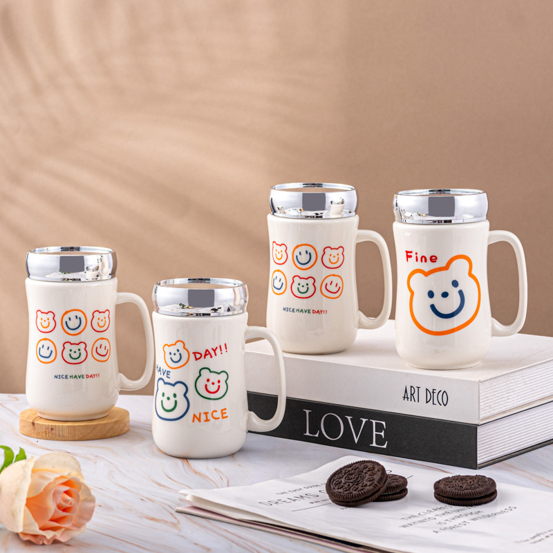 ceramic cup mirror cup with lid creative household water cup cartoon mug advertising gift cup customized wholesale details Picture