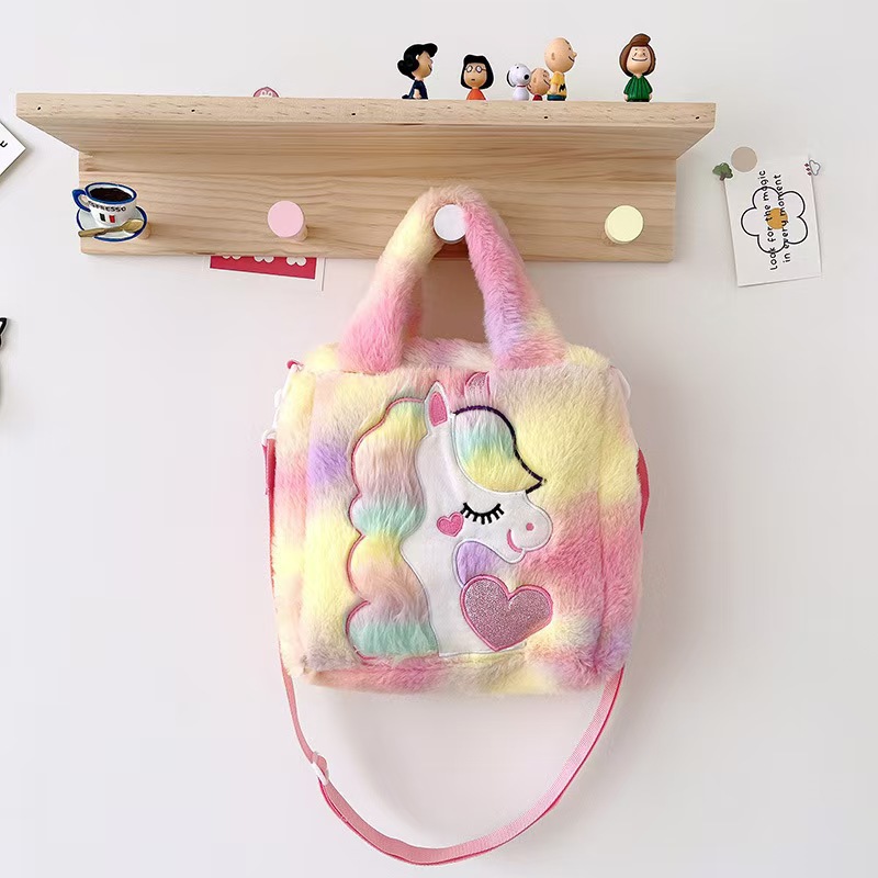 colorful unicorn handbag shoulder plush bag plush women's bag toy large capacity crossbody bag factory wholesale full figure
