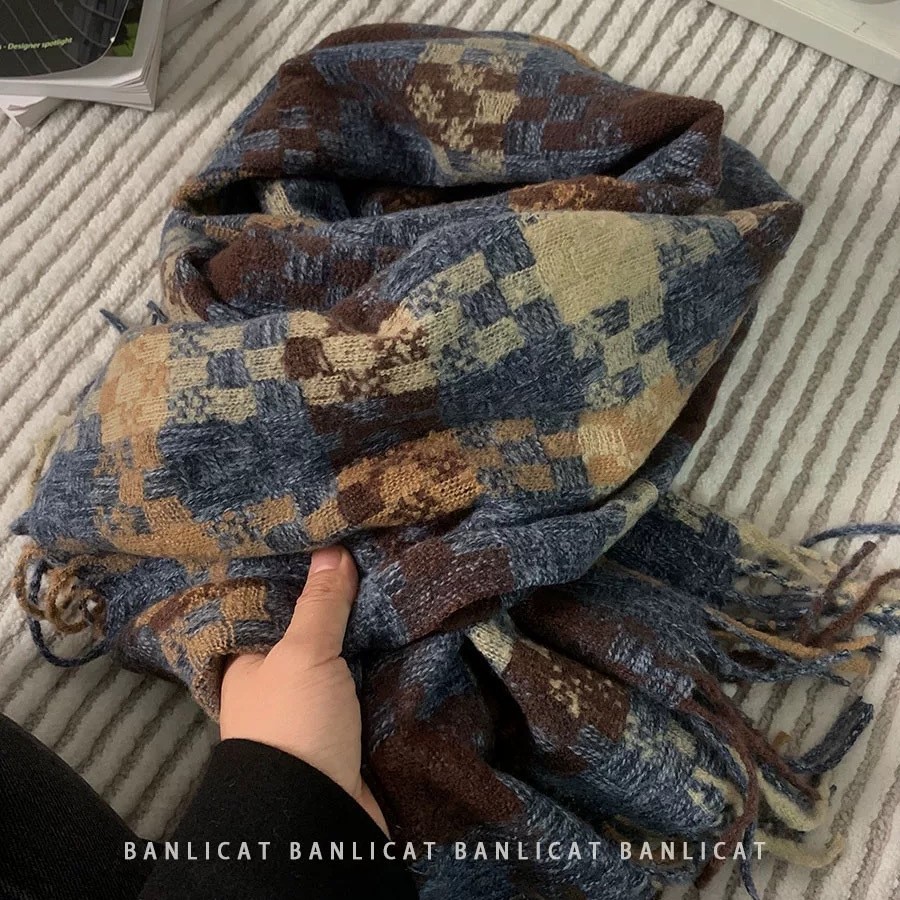 factory wholesale atmosphere plaid scarf female winter tassel warm thickened long section temperament shawl couple scarf full figure