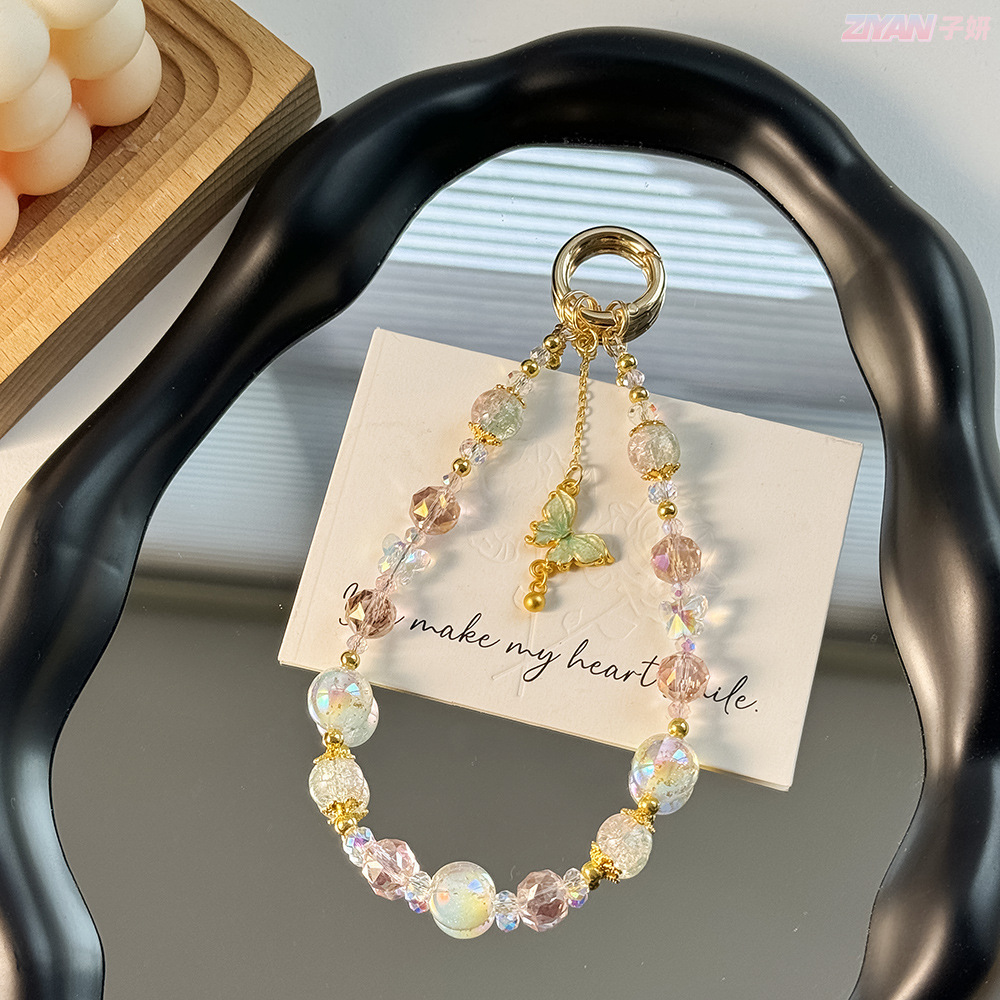 affordable luxury style original beaded popcorn crystal beads mobile phone charm alloy butterfly high sense gold beads key chain full figure