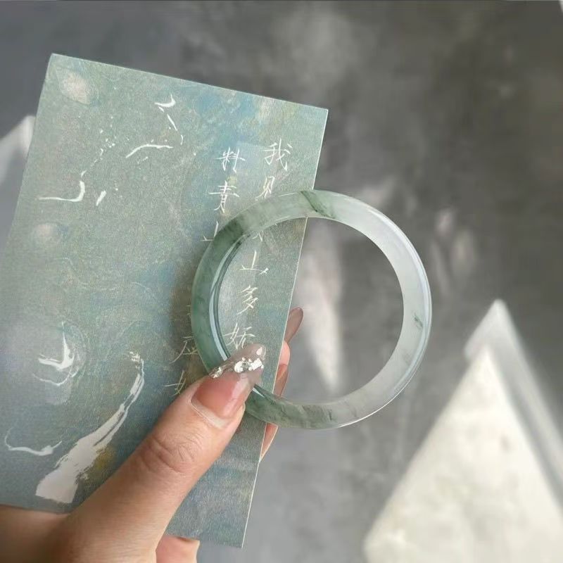 natural xinjiang tianshan jade bracelet xue cui ice waxy kinds half landscape blooming floating flowers thin round bar jade bracelet children's style Application Scenario