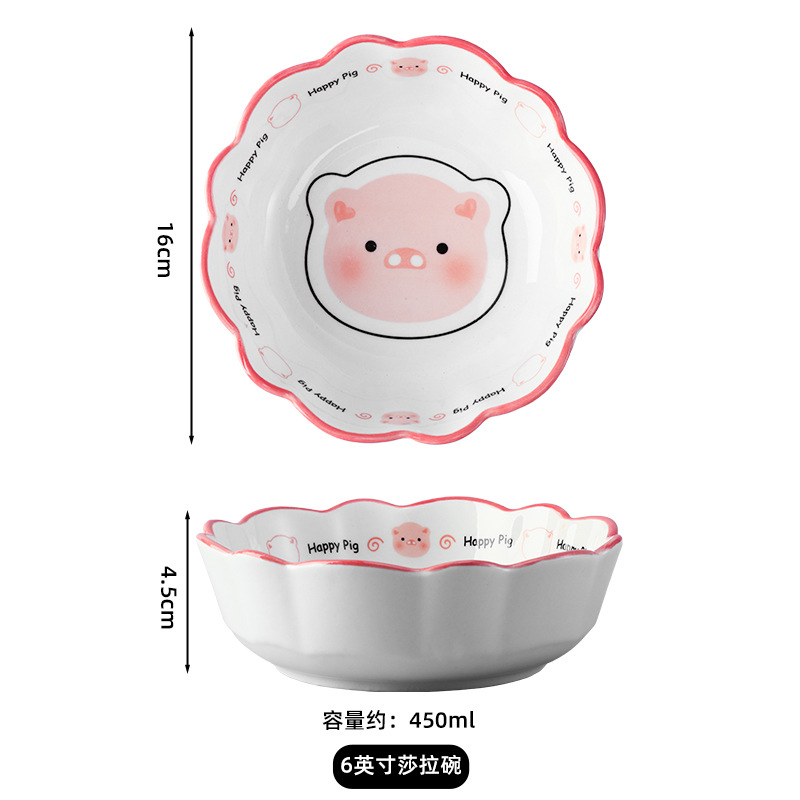 cartoon cute pig instant noodle bowl household good-looking ceramic rice bowl plate new underglaze color bowl and dish set wholesale details Picture