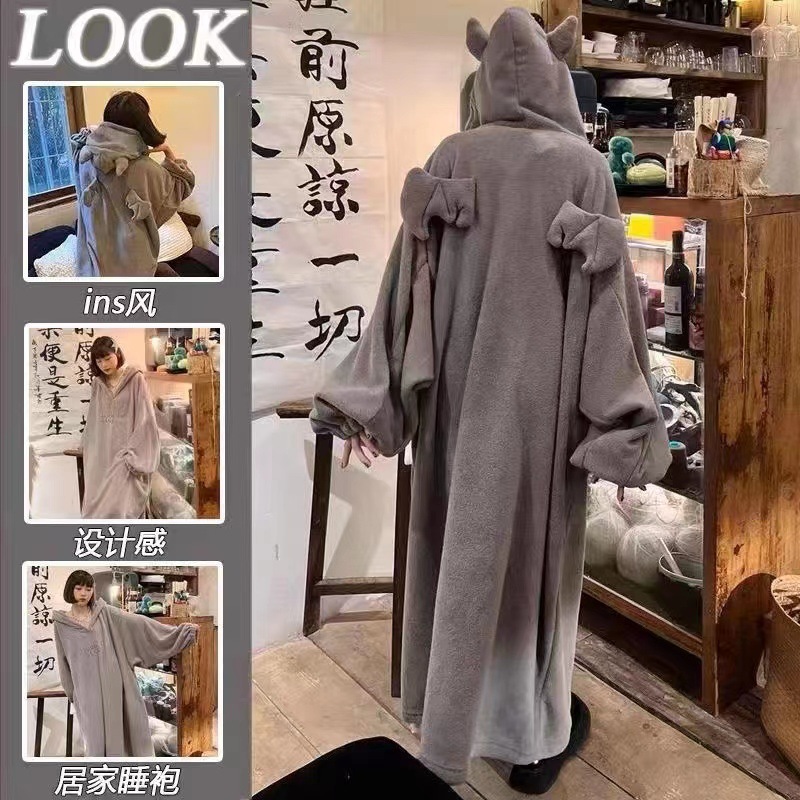 cute little monster nightgown women's winter long velvet lining thick coral fleece one-piece pajamas winter hooded tracksuit Application Scenario