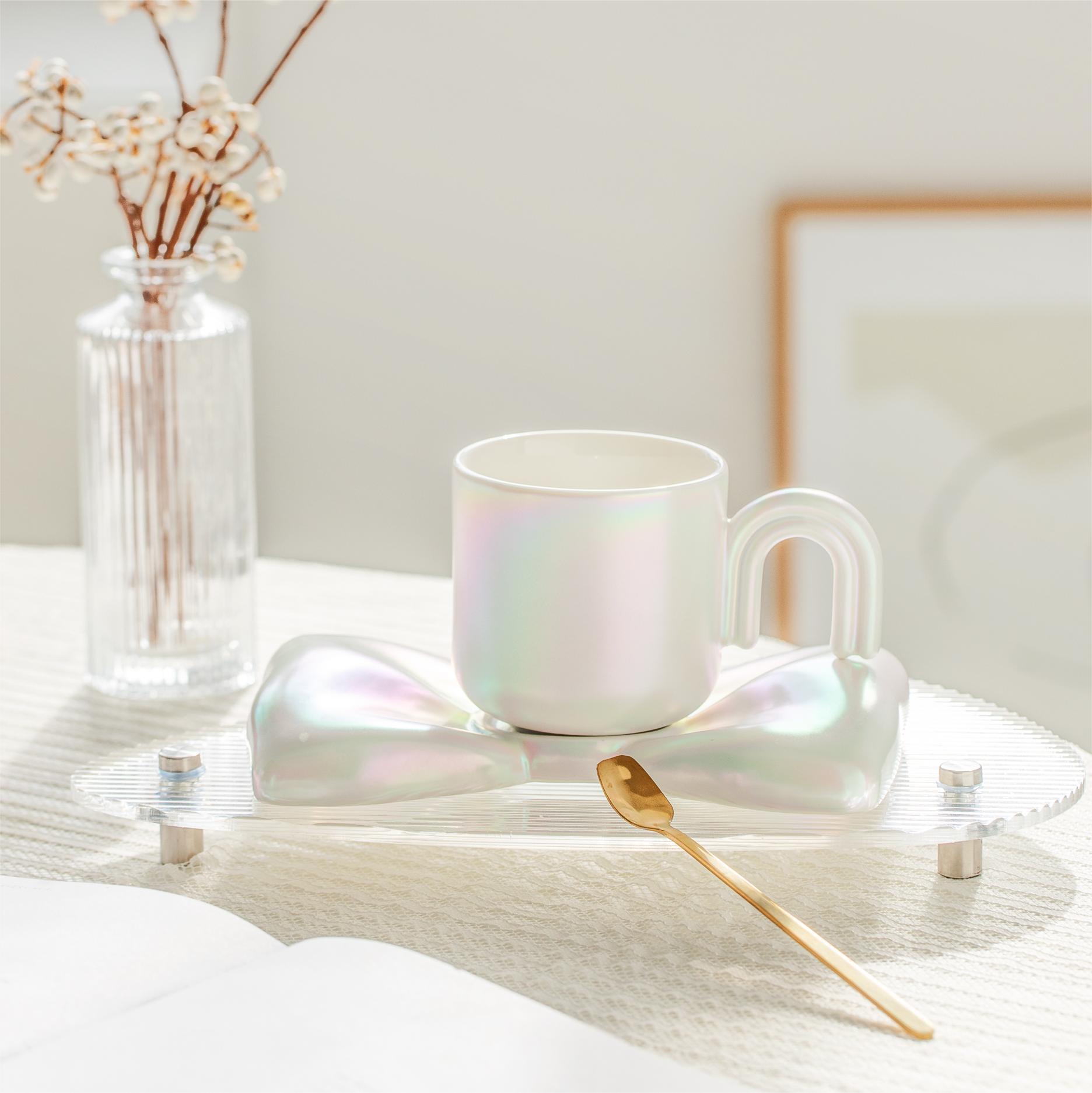 creative electroplating beads bright bow coffee set ceramic ins style cup three-dimensional mug couple water cup details Picture