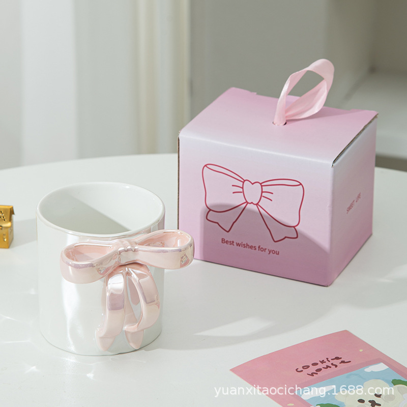minimalist creative bowknot handle ceramic mug pearlescent glaze girl heart coffee cup student couple milk cup details Picture