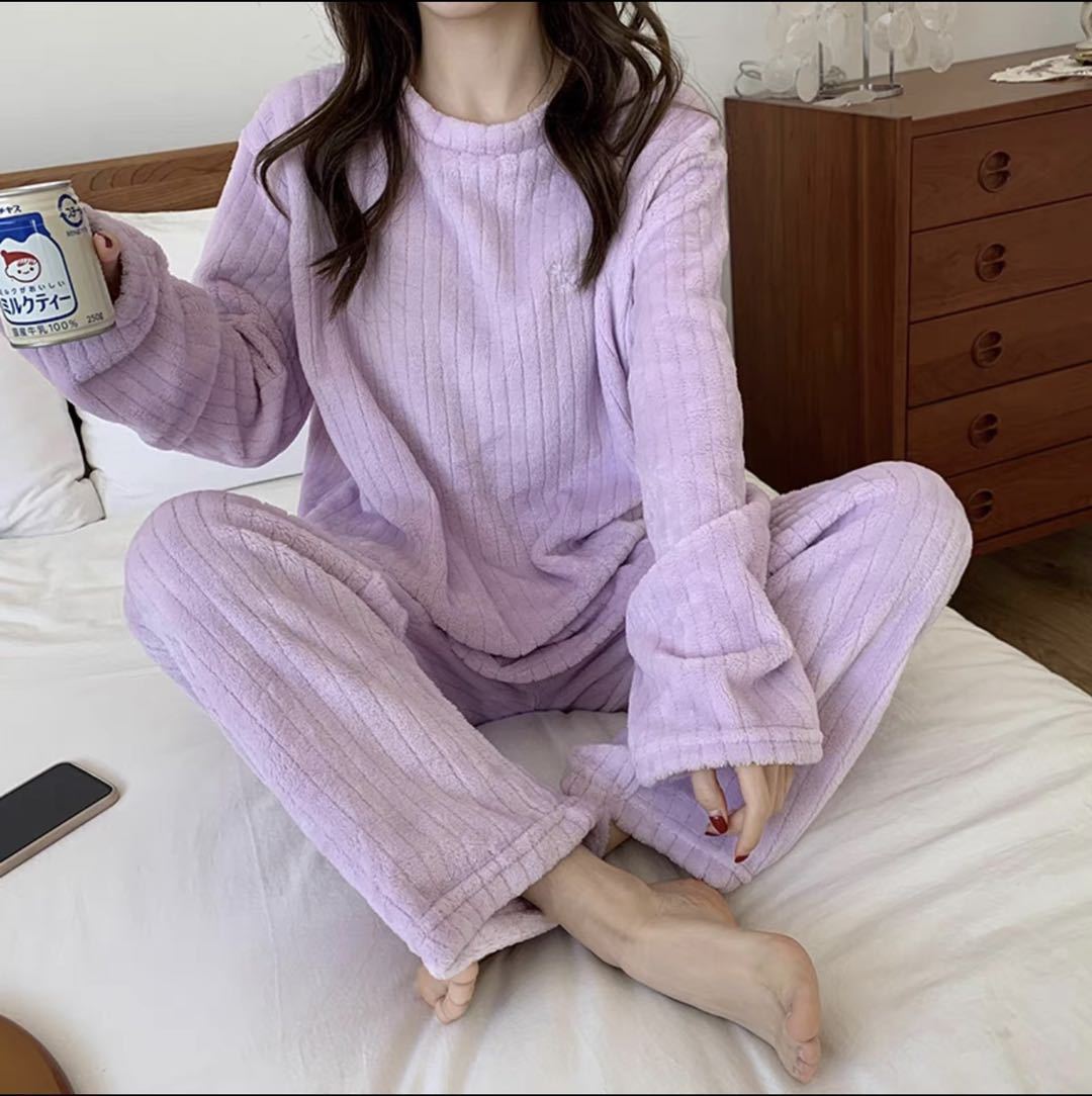 peach bear bowknot printed coral fleece crescent warm suit winter comfortable thermal pajamas homewear for women Item Picture