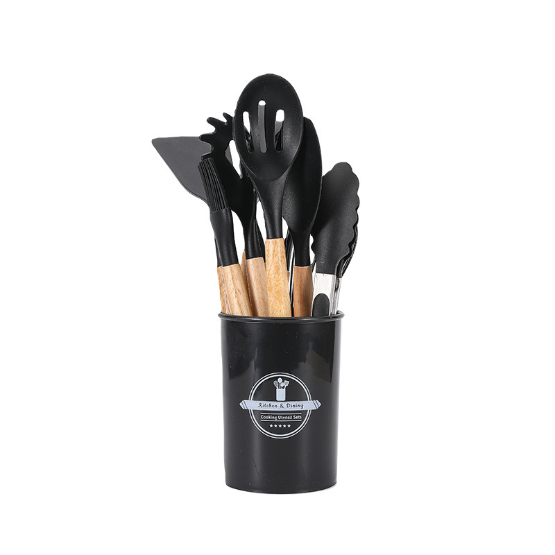 cross-border silicone kitchenware 12-piece set kitchen non-stick pan cooking spatula blackhead removal peeling wooden handle barrel kitchen tools suit full figure