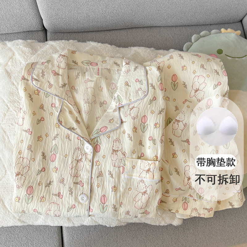 women's large size pajamas with chest pad spring and autumn cotton gauze cute plaid embroidery sausage dog long sleeve student suit details Picture