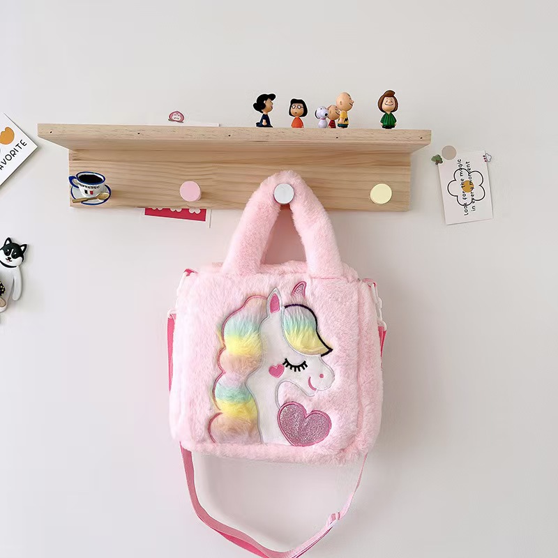colorful unicorn handbag shoulder plush bag plush women's bag toy large capacity crossbody bag factory wholesale details Picture
