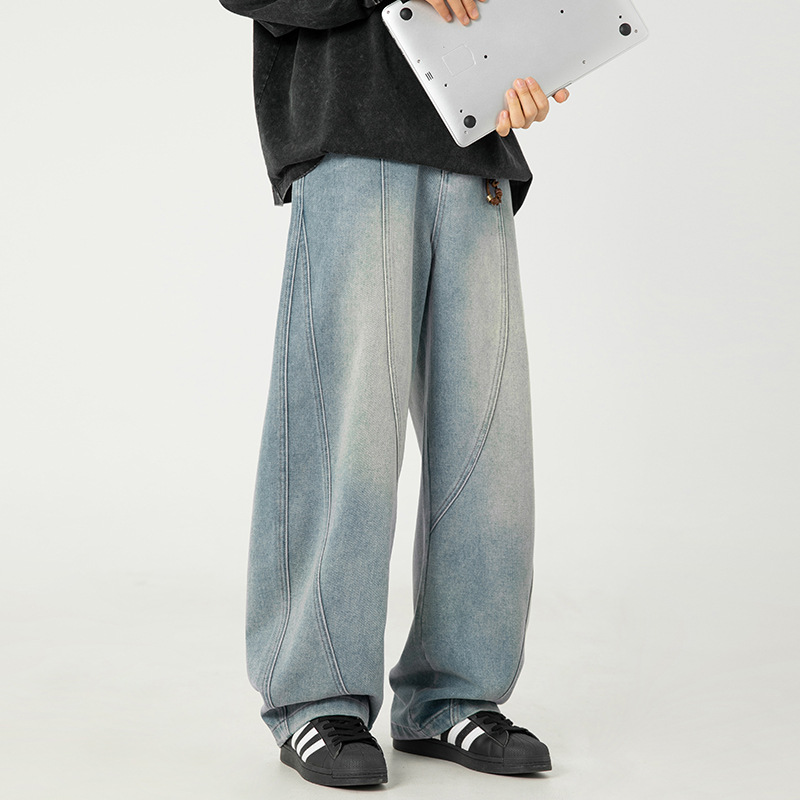 japanese style wide leg washed jeans men's spring new retro matchet pants distressed split design loose casual pants Specification drawing