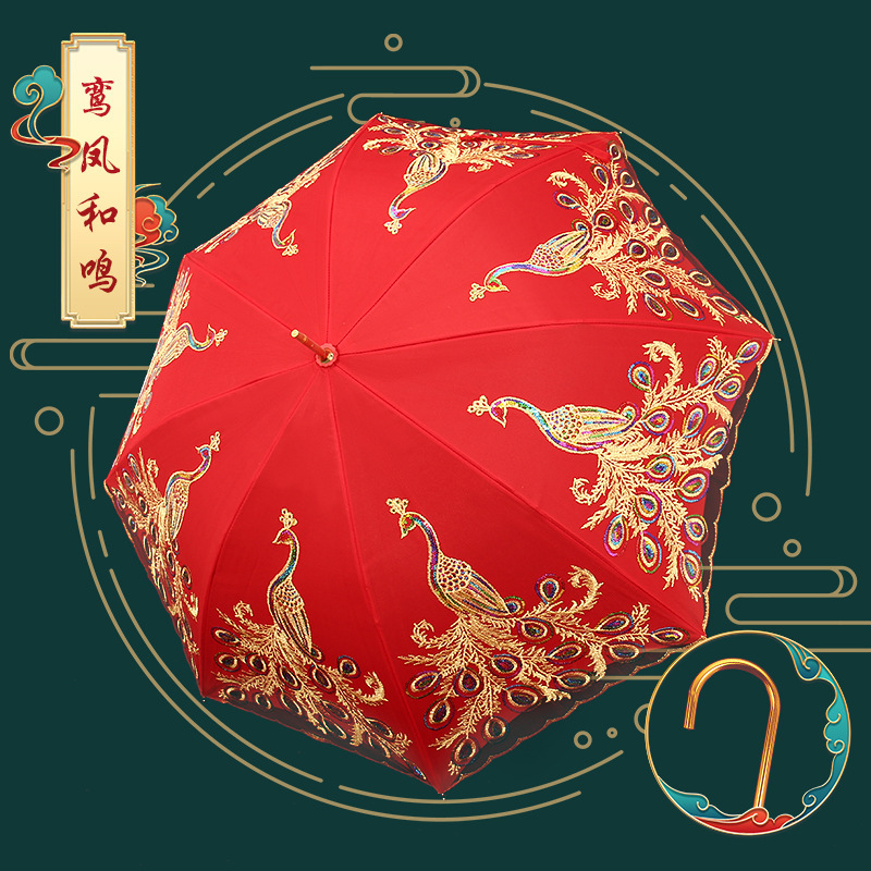24-bone red wedding long handle bride umbrella wedding chinese wedding art umbrella wedding red umbrella wedding details Picture