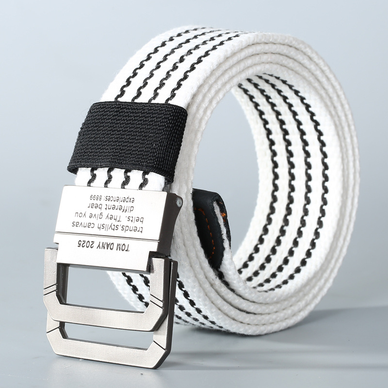 in stock wholesale canvas belt men's double ring buckle belt teenagers student fashion lengthened pant belt generation hair full figure
