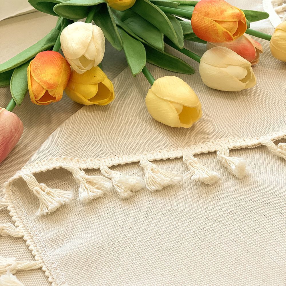 japanese style tassel cotton linen tablecloth ins style fresh desk decorative cloth sense of atmosphere round table coffee table dining table tablecloth details Picture