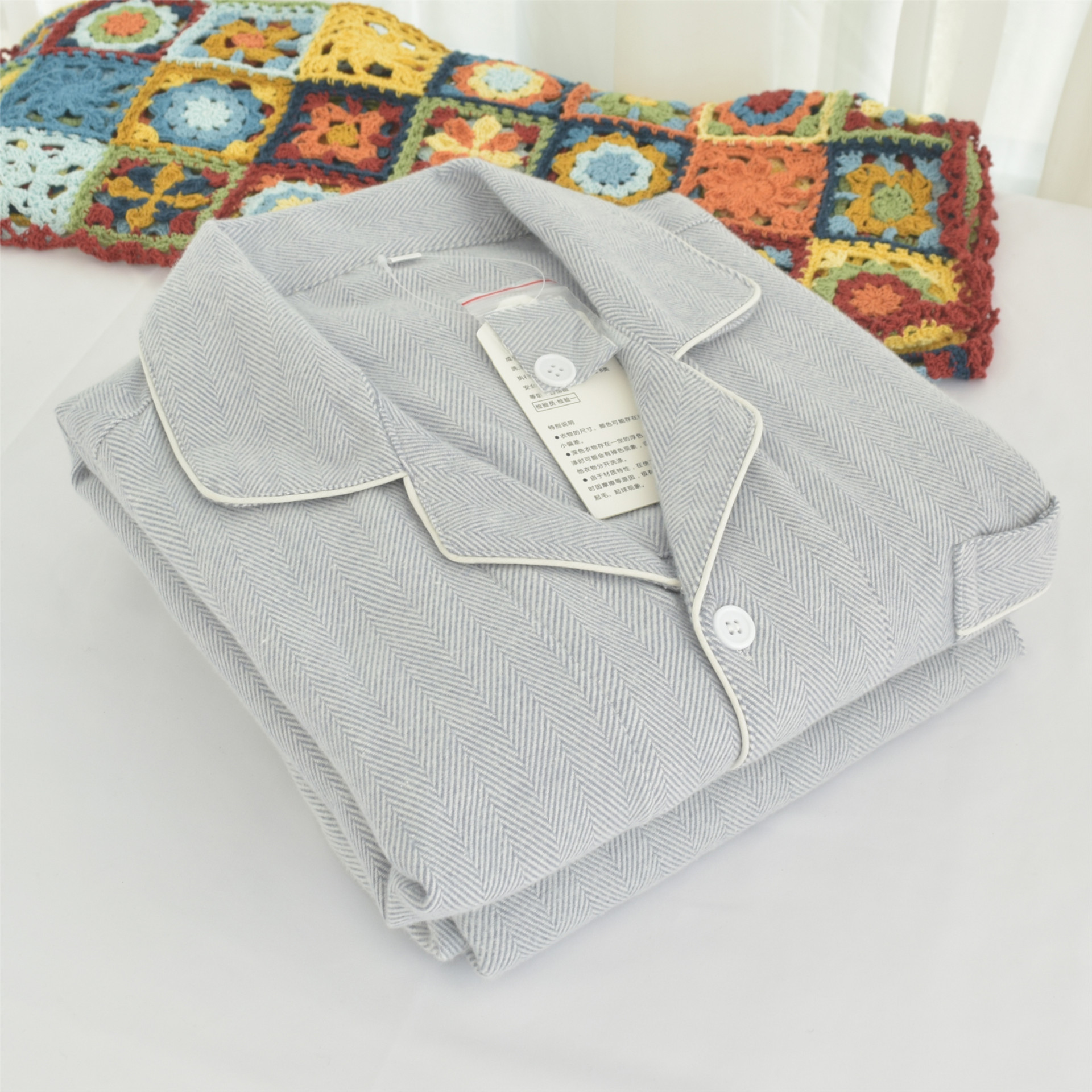 pure cotton brushed flannel autumn and winter classic long-sleeved trousers couple pajamas simple loose thick two-piece home wear Item Picture