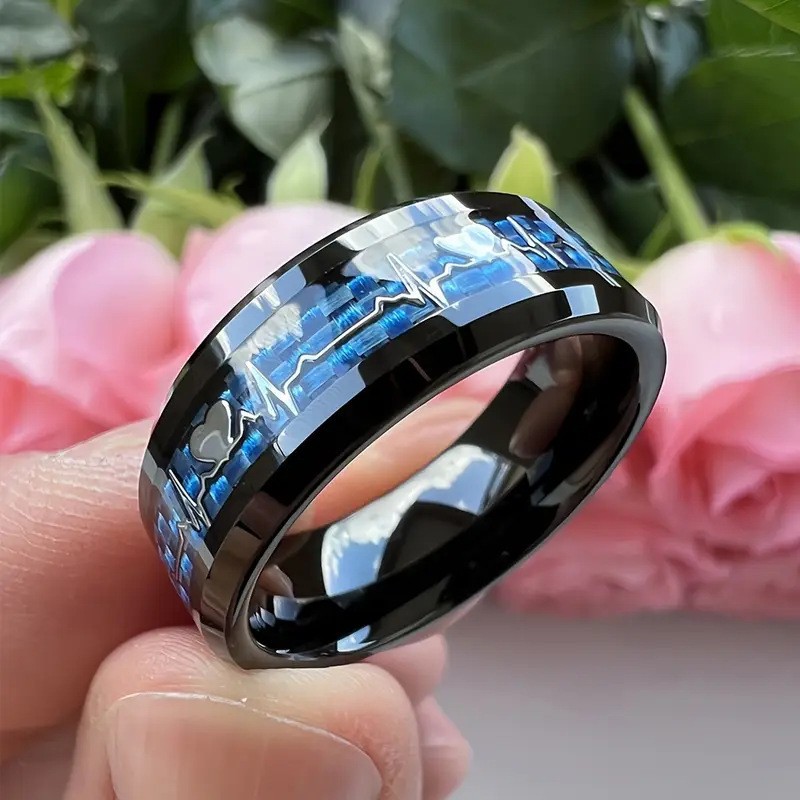 daihao ornament 8mm chamfered inlaid black carbon fiber golden heart rate high quality stainless steel ring factory Item Picture