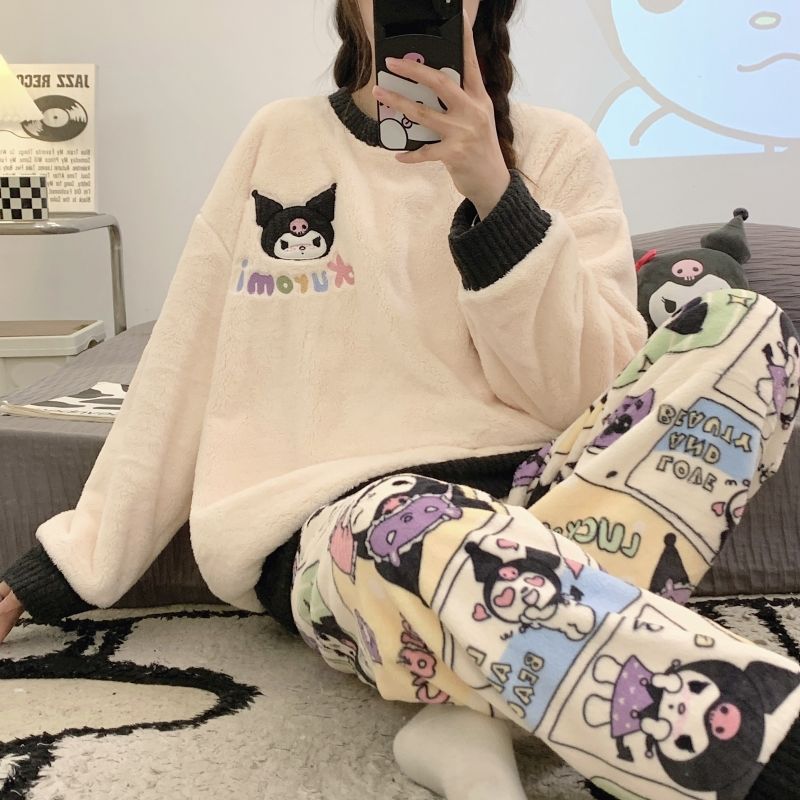 women's winter coral fleece pajamas korean style thickened flannel cute long sleeve suit for students plus size homewear autumn and winter Item Picture