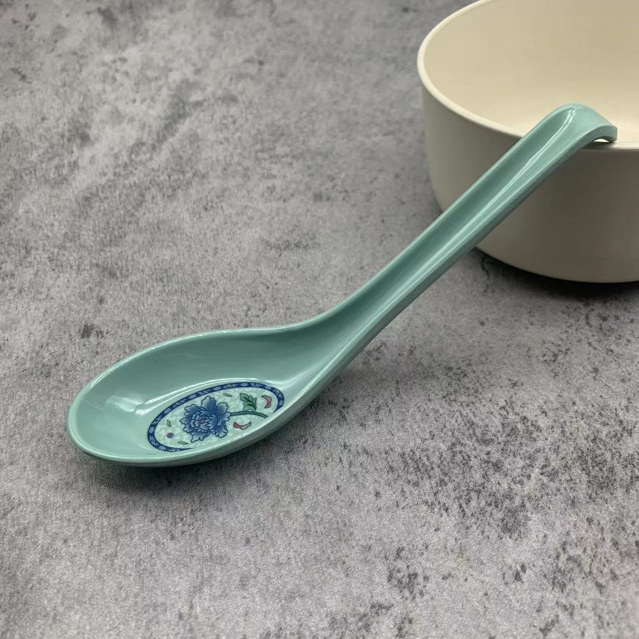 colorful melamine dinnerware spoon with hook tail spoon drop-resistant soup drinking spoon commercial thickened spoon catering hotel plastic tableware Item Picture