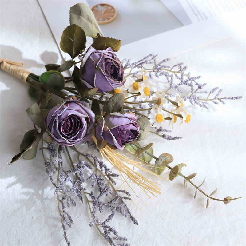 high-grade realistic retro burnt edge rose daisy fake/artificial flower bouquet dried flower home table decoration ornaments details Picture